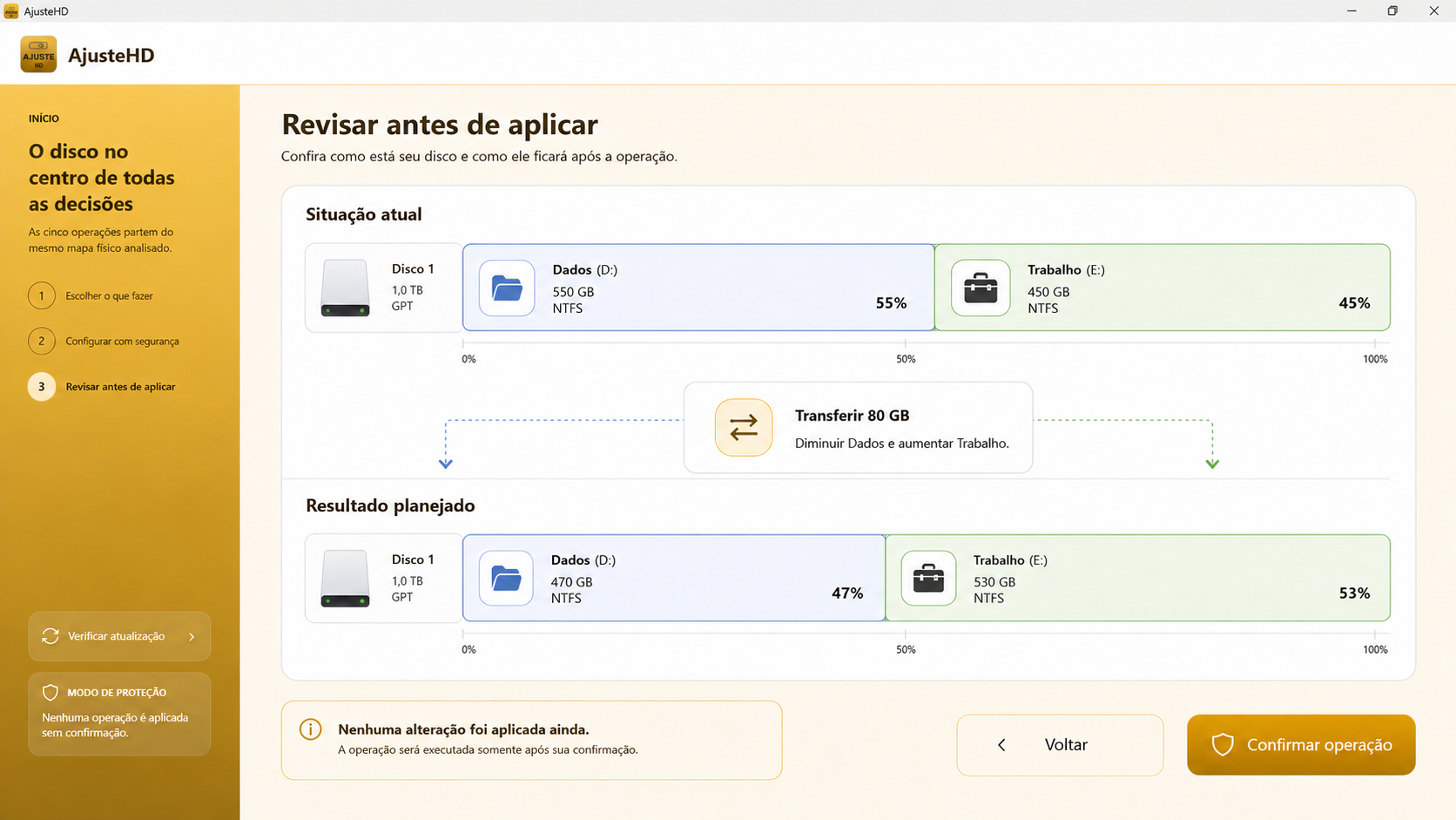 Prévia ilustrativa da comparação antes e depois do AjusteHD