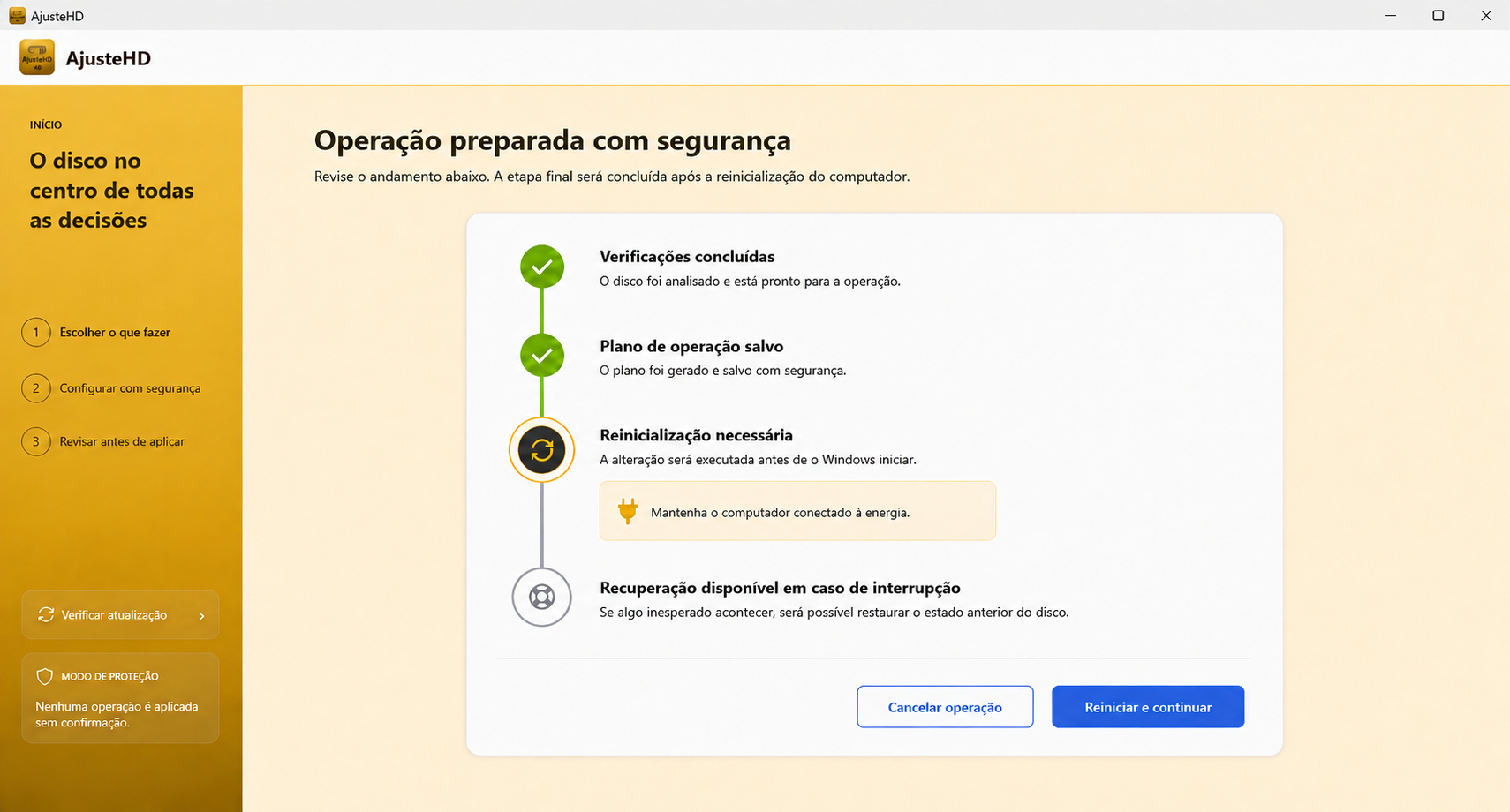 Prévia ilustrativa da execução e reinicialização no AjusteHD